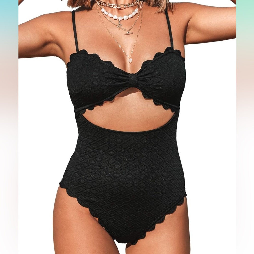 CUPSHE One Piece Swimsuit Sexy Black Cutout Scallop Trim Bathing Suit CALLOUT